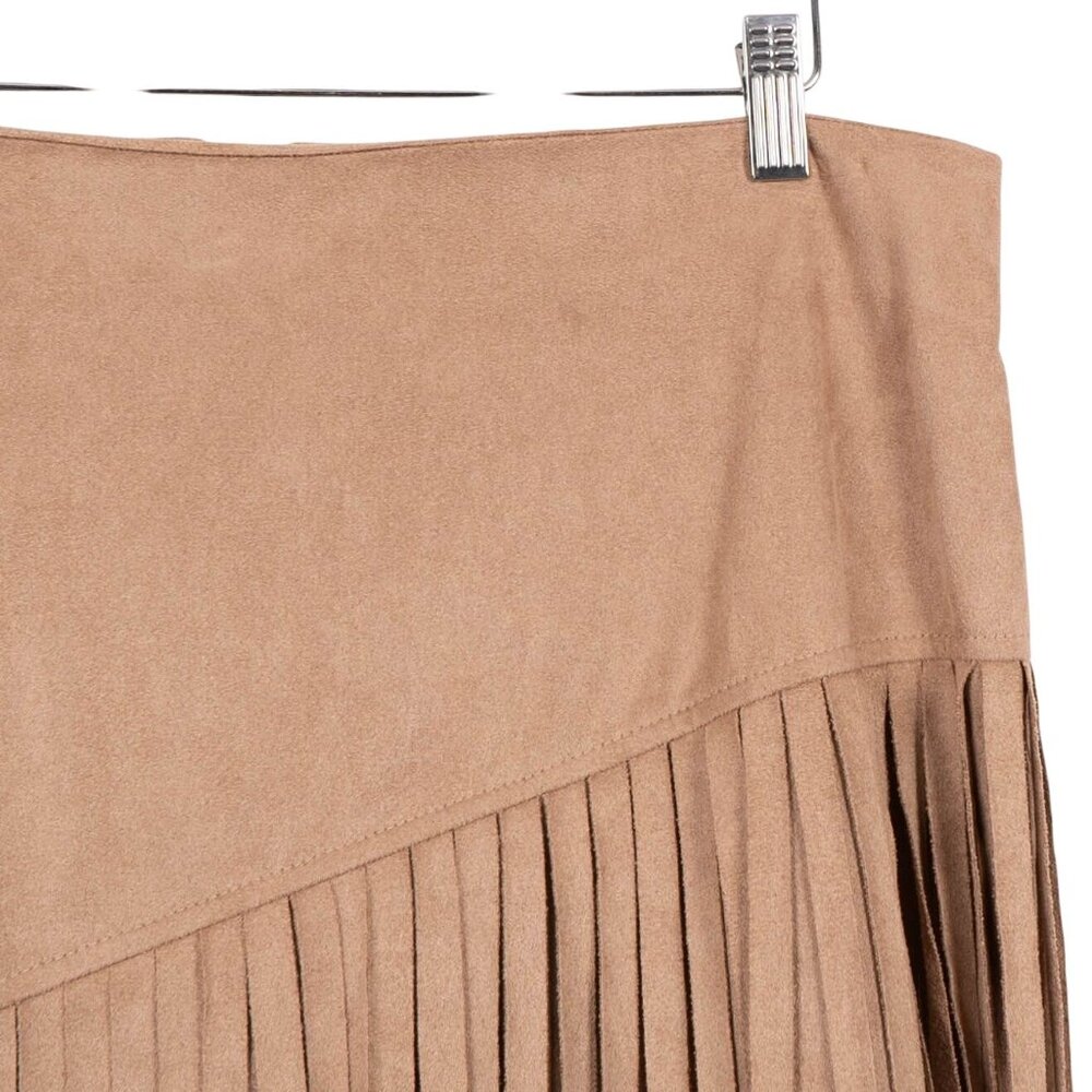 Fringe Vegan Suede Midi Skirt 12 Womens Tan Western Hippie Boho Asymmetrical - Picture 4 of 6